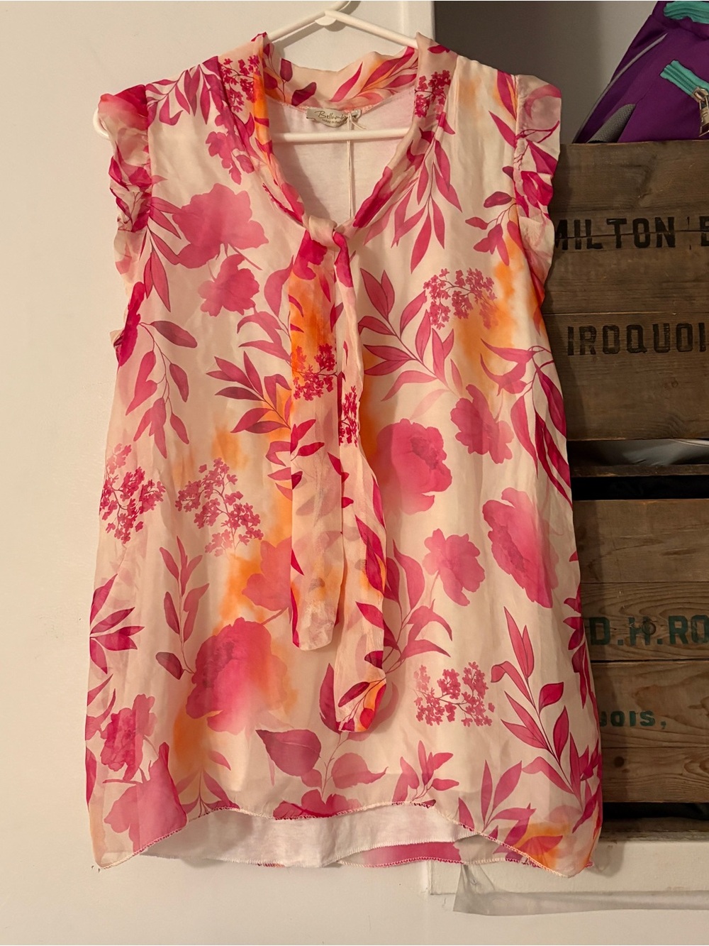 NWT Bellambra Italian Silk Blend Floral Tie-Neck Sleeveless Blouse Size Small
